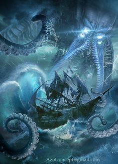 an octopus attacking a ship in the ocean