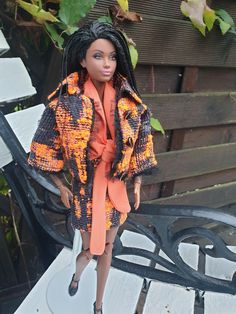 Dress your doll in this chic, handmade 3-piece outfit featuring a stylish orange and black color palette. Includes a fitted jacket, a thight skirt, and a delicate blouse. Black Color Palette, Skirt And Jacket, Blouse Skirt, Fitted Jacket, Doll Set, Doll Sets, Doll Clothing, Workout Jacket, Black Blouse