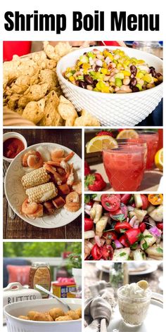 shrimp boil menu collage with pictures of different foods and drinks on the table in front of them