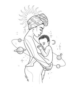 a woman holding a baby in her arms with the sun above her head and planets around her