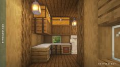 the interior of a minecraft house with wood floors and wooden walls, including a kitchen