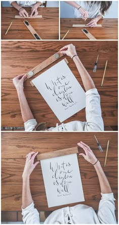 a woman is making calligraphy on a piece of paper