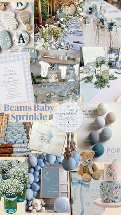 a collage of blue and white baby shower items