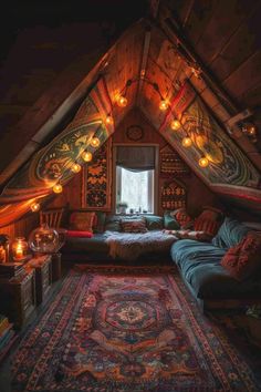 an attic bedroom is decorated with lights and rugs