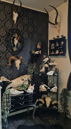 a room with skulls and deer heads on the wall, plants in vases next to it