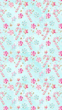 candy canes and stars are on a light blue background with pink, white and gold glitter