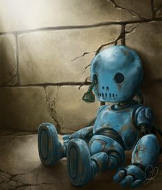 a blue robot sitting on the ground next to a brick wall with a plant growing out of it