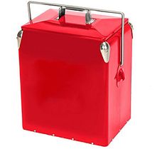 a red ice chest is shown on a white background with the lid closed and handle extended