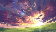 an anime scene with the sun shining through clouds and people walking on grass in the foreground