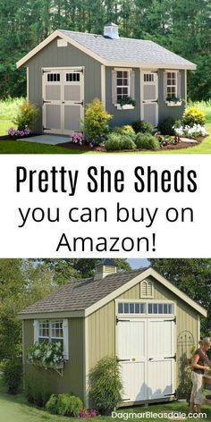 two pictures with the words pretty she sheds you can buy on amazon