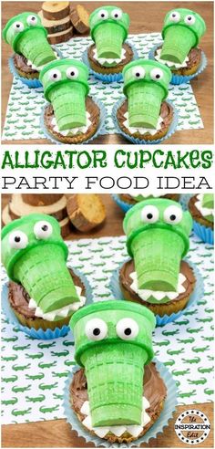 alligator cupcakes with green icing and googly eyes