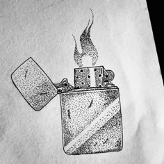 a drawing of a lighter with flames coming out of it's top, on a piece of paper