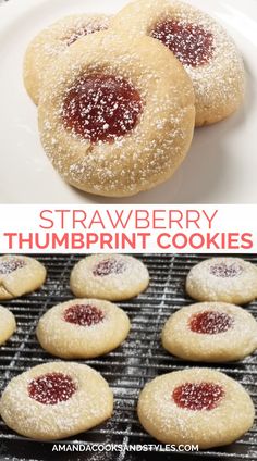 strawberry thumbprint cookies with powdered sugar on top and in the background, there is a plate full of them