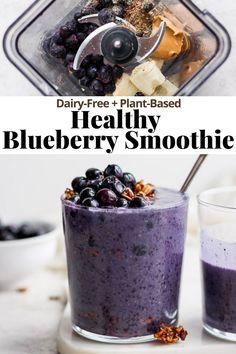 healthy blueberry banana smoothie with granola toppings in glass bowls on a white surface