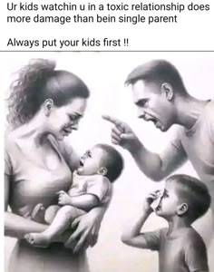 a man and woman holding a baby in their arms with the caption'ur kids watch us in a toxiic relationship