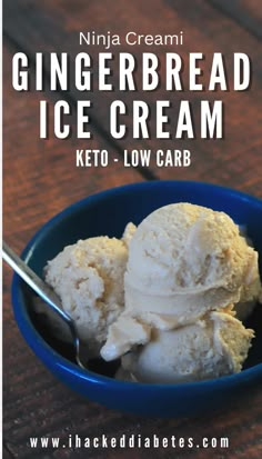 a blue bowl filled with ice cream on top of a wooden table