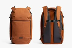 two backpacks side by side, one in orange and the other in brown with grey accents