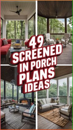 the front porch is decorated in red and white with lots of chairs, couches and tables