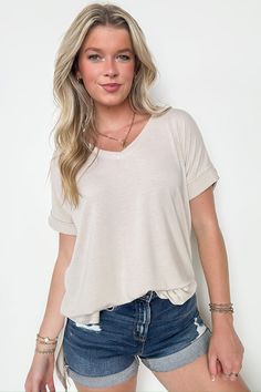 Avania Raw Edge Washed Short Sleeve Top - BACK IN STOCK · Madison + Mallory Spring T-shirt With Rolled Sleeves, Beige Soft Knit Crew Neck Top, Cream Soft Knit Top For Everyday, Everyday Soft Knit Cream Tops, Casual Cream V-neck Top, Versatile Beige Crew Neck Top, Everyday Cream Soft Knit Tops, Spring Tops With Rolled Sleeves, Cream Soft Knit Tops For Layering