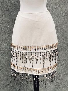 Linen Skirt with Shell Fringe. Creme hemp linen with shell beaded fringe. One of a kind. Size small. See size chart for reference. Women Traditional Dresses, Split Front Skirt, Beaded Skirt, Diy Skirt, Simple Sewing, Boring Clothes, Life Is Too Short, Beaded Trim, Linen Skirt