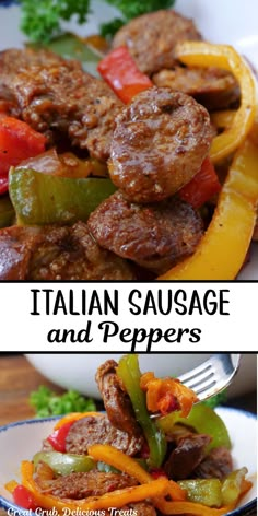 A double photo collage of sausage and three different types of peppers on a white plate. Italian Sausage And Peppers Recipes, Italian Sausage Casserole Recipes, Italian Pork Sausage Recipes, Italian Sausage Recipes For Dinner Easy, Italian Sausage Recipes For Dinner, Sausages And Peppers, Roasted Italian Sausage, Sweet Italian Sausage Recipes