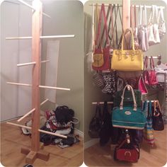 there are many purses and handbags hanging on the wall next to each other