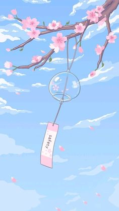 a tree branch with pink flowers and a sign hanging from it's branches that says, i love you