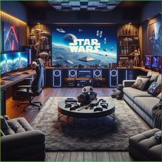 a living room filled with furniture and a star wars theme on the wall behind it