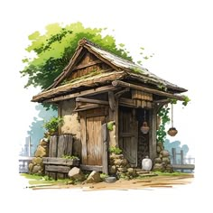 a drawing of an old outhouse in the middle of a field with rocks and trees