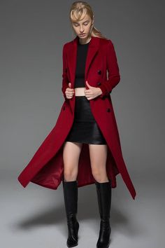 Classic Red Coat Wool Long Full Length Fitted Slim Tailored | Etsy Fitted Long Wool Pea Coat, Long Wool Coat For Business In Fall, Formal Long Wool Coat For Fall, Long Pea Coat For Fall, Burgundy Outerwear For Business In Fall, Burgundy Business Outerwear For Fall, Red Wool Coat For Winter Formal, Red Wool Coat With Buttons For Fall, Red Wool Coat For Winter Formal Events