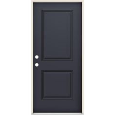 a black door with two white circles on the front and side panels, against a white background