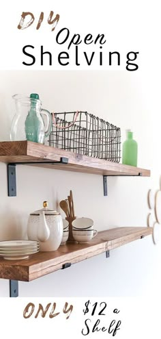 two open shelves with dishes and cups on them