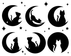 black and white silhouettes of cats sitting on the moon