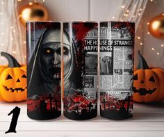 two halloween cans with the words, the house of strange happy things on them and an image of a nun