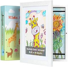 two children's books with pictures of giraffes and flowers in them