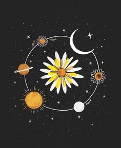 the sun, moon and stars are arranged in a circle on a black background with space around them