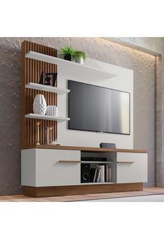 the entertainment center is built into the wall