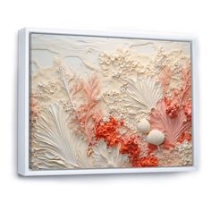 an abstract painting with corals and white flowers on a white background, mounted on a wall