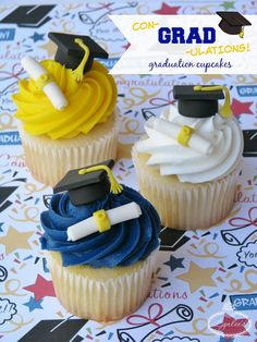 three cupcakes with graduation caps and tassels on them