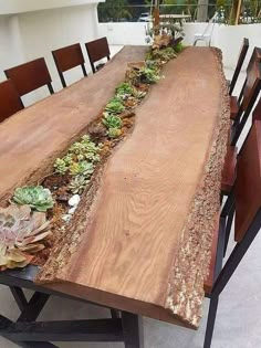 the table is made out of wood and has plants growing on it