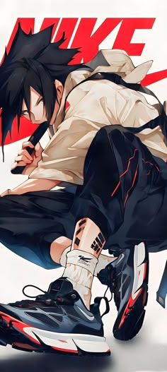 an anime character is leaning over on his shoe with the word nike in front of him