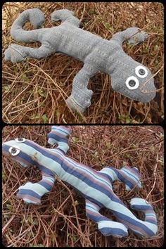 two pictures of stuffed animals laying in the grass