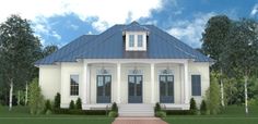 this is a computer rendering of a white house with a blue roof and two front porches