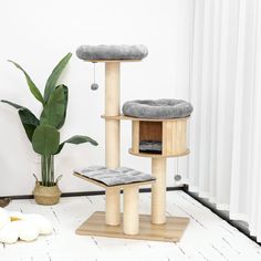 a cat tree and scratching tower in the corner of a room next to a potted plant