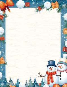 a snowman with a hat and scarf standing in front of a blank paper surrounded by christmas decorations