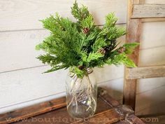 a glass vase filled with green plants on top of a wooden table next to a chair