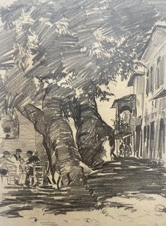 an ink drawing of people walking down the street in front of some buildings and trees