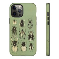 an iphone case with many different bugs on the front and back cover, all in green