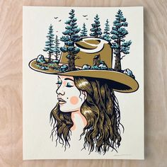 a drawing of a woman with long hair wearing a hat and trees on her head