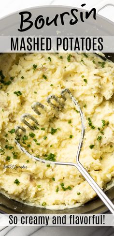 a pot of mashed potatoes with a masher and text overlay that reads boursin mashed potatoes - so creamy and flavorful! Borsine Cheese Mashed Potatoes, Boursin Cooking Cream Recipes, Mashed Potatoes With Boursin Cheese, Boursin Vegetables, Boursin Scalloped Potatoes, Bourisan Cheese Recipes, Boursin Shallot And Chive Recipes, Borsine Cheese Recipes, Potatoes With Boursin Cheese